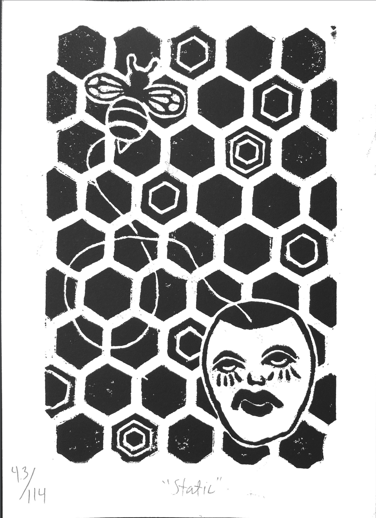 Print titled "static". Shows a person and a bee with many honey combs in the back in black ink.