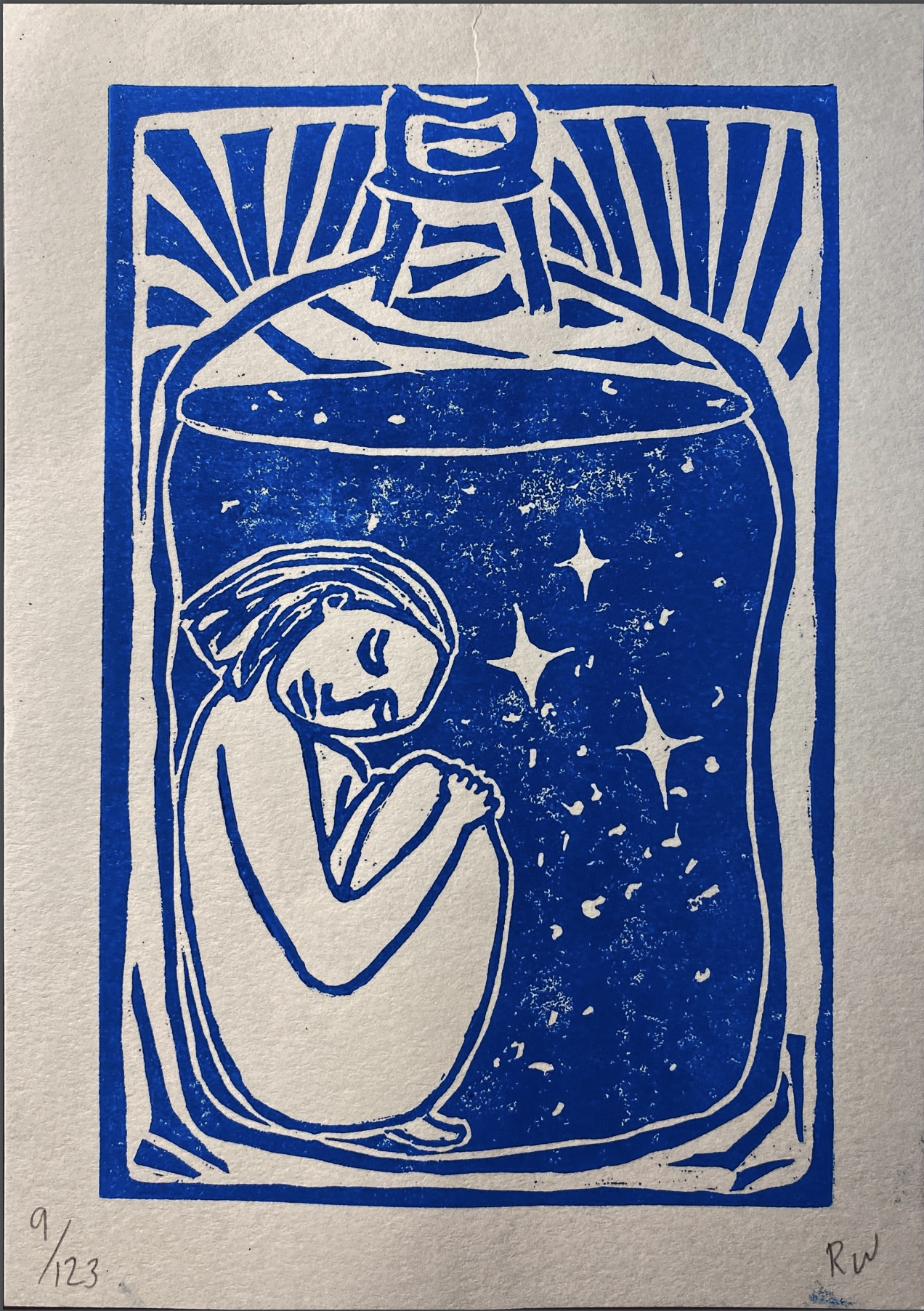 Untitled print showing a person in a bottle filled with stars, in blue ink